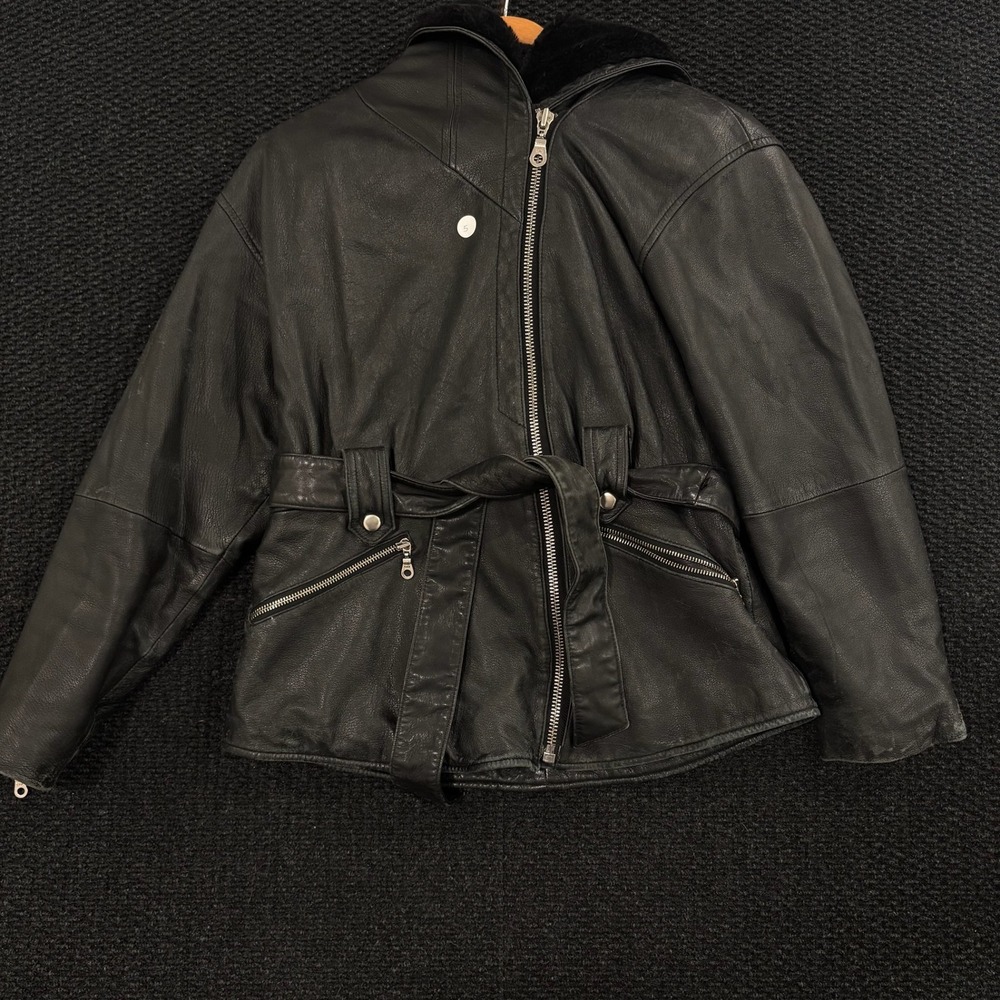 Wilsons The Leather Experts Black Leather Belted Hooded Jacket Women's‎ Size M